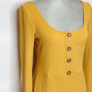 Wild Fable Mustard Yellow Long Sleeve Ribbed Dress With Button Accents Size XS